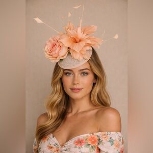 Kentucky Derby Hat KY Oaks Elegant Peach Floral Peony Feather Sinamay Fascinator